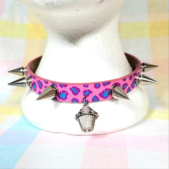 BBC handmade upcycled Cupcake spike buckle choker pink purple blue leopard print - Picture 2 of 7